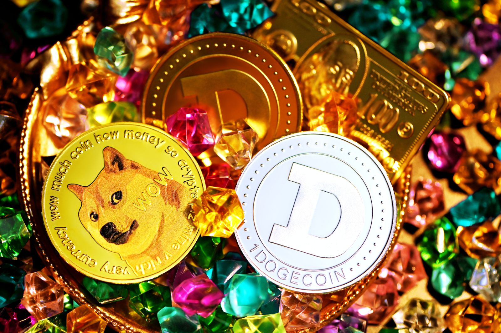 Crypto - Dogecoin Laying in Pile of Jewels