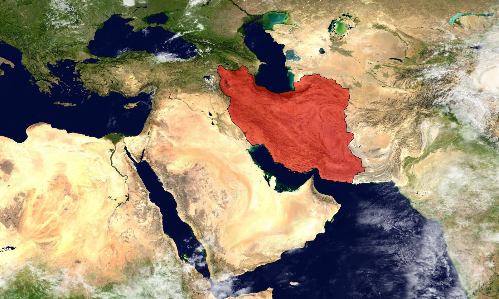 Satellite view of the Middle East and the Strait of Hormuz with Iran highlighted_ Image by FoxPictures via Shutterstock_
