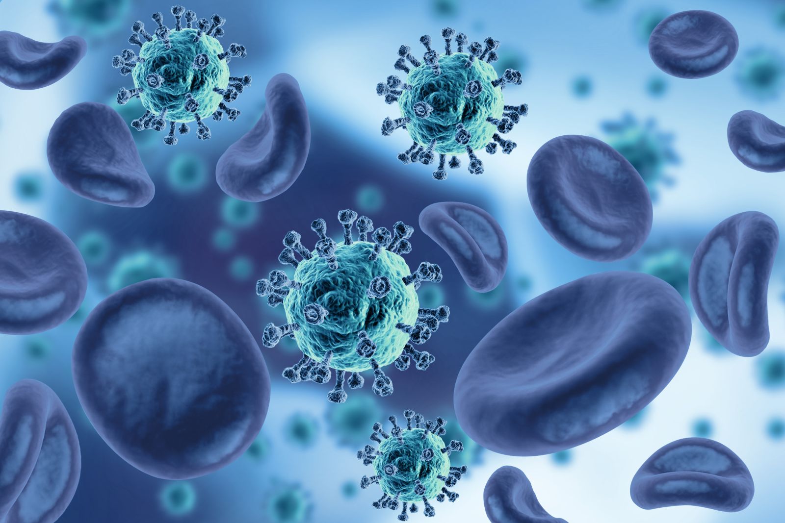 A concept image showing a virus attacking blood cells by crystal light via Shutterstock
