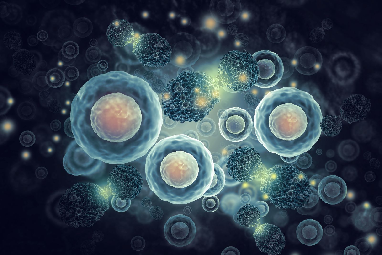 Cancer cells on scientific background by crystal light via Shutterstock
