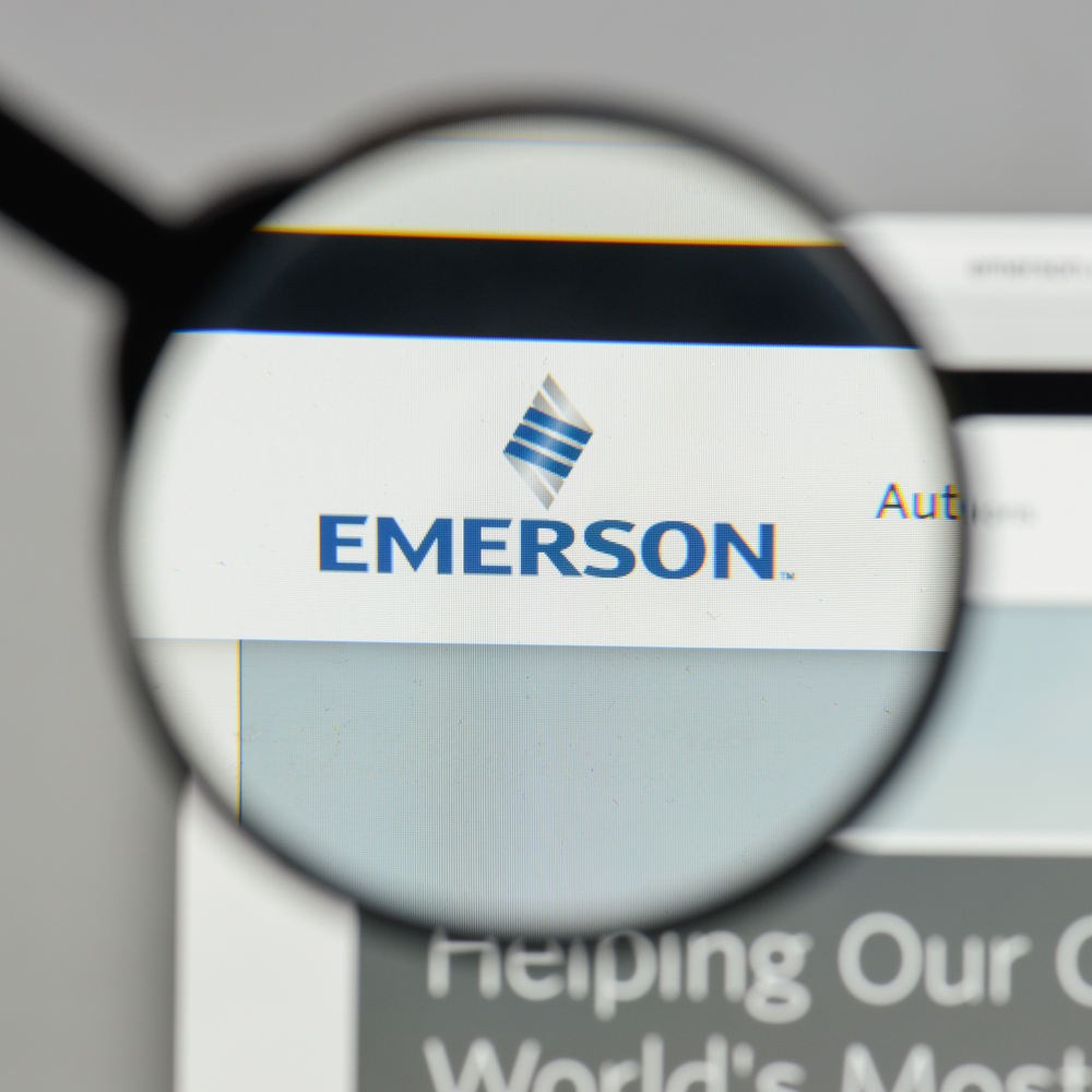 Industrials (names A - I) - Emerson Electric Co_ magnified logo by- Casimiro PT via Shutterstock