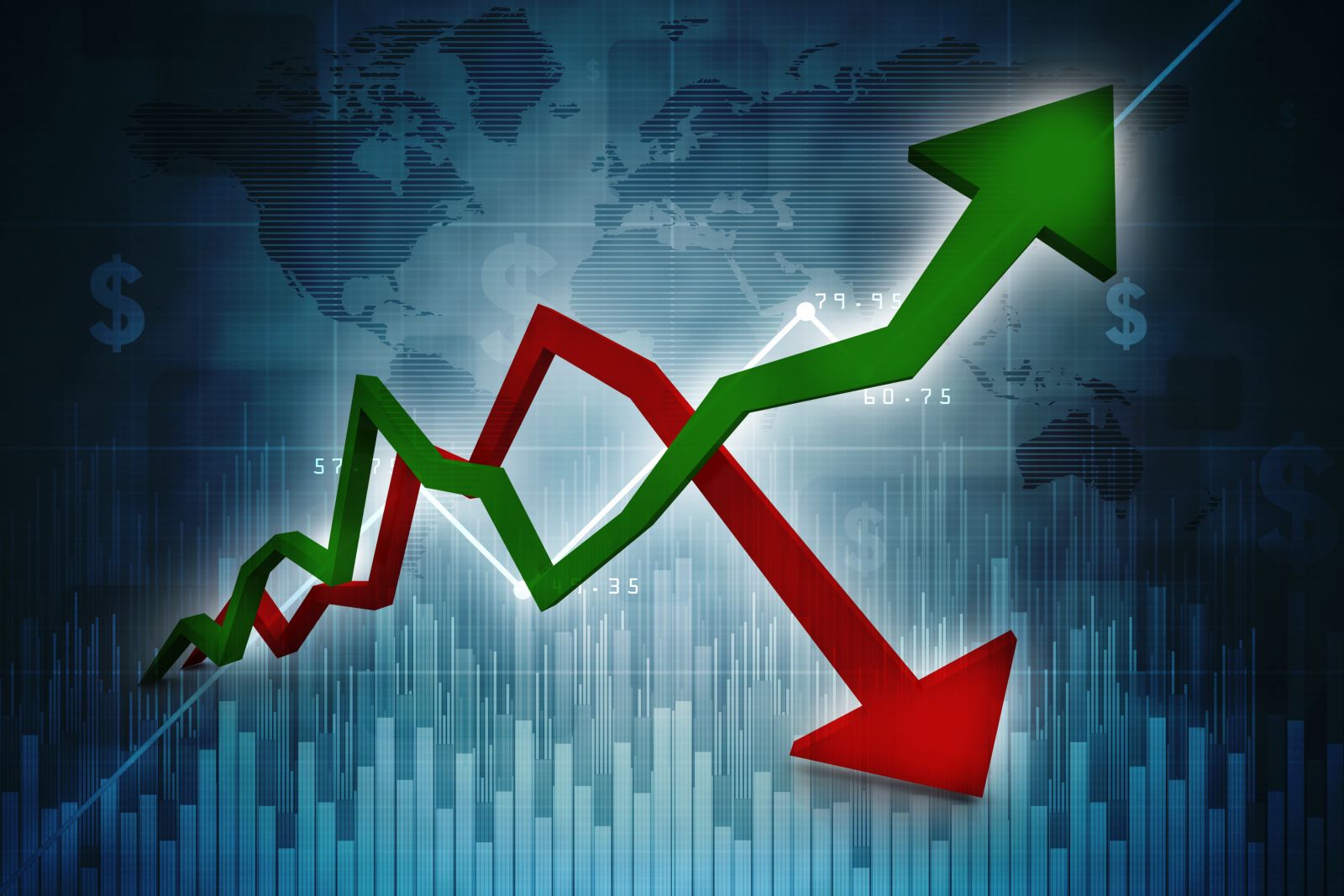 Charts, tickers, traders - 3d illustration inflation and deflation graph by Deepadesigns via Shutterstock