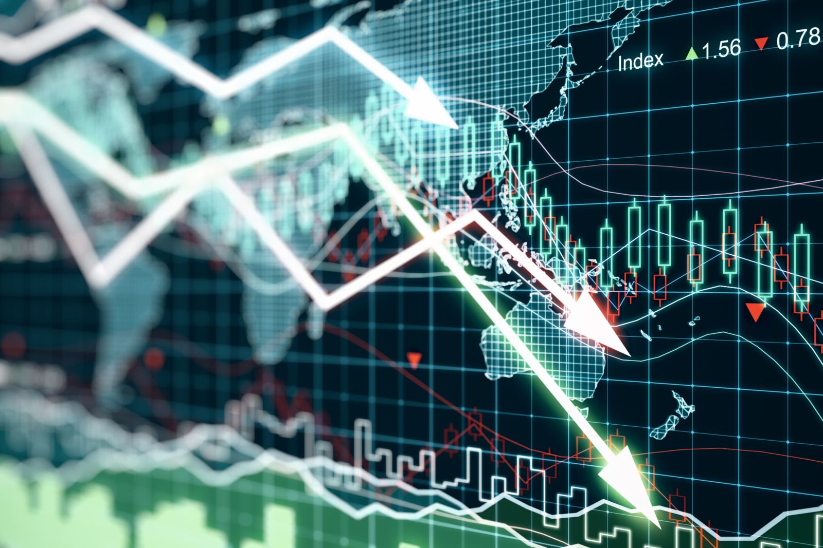 Charts, tickers, traders - Business chart with glowing arrows and world map by Golden Dayz via Shutterstock