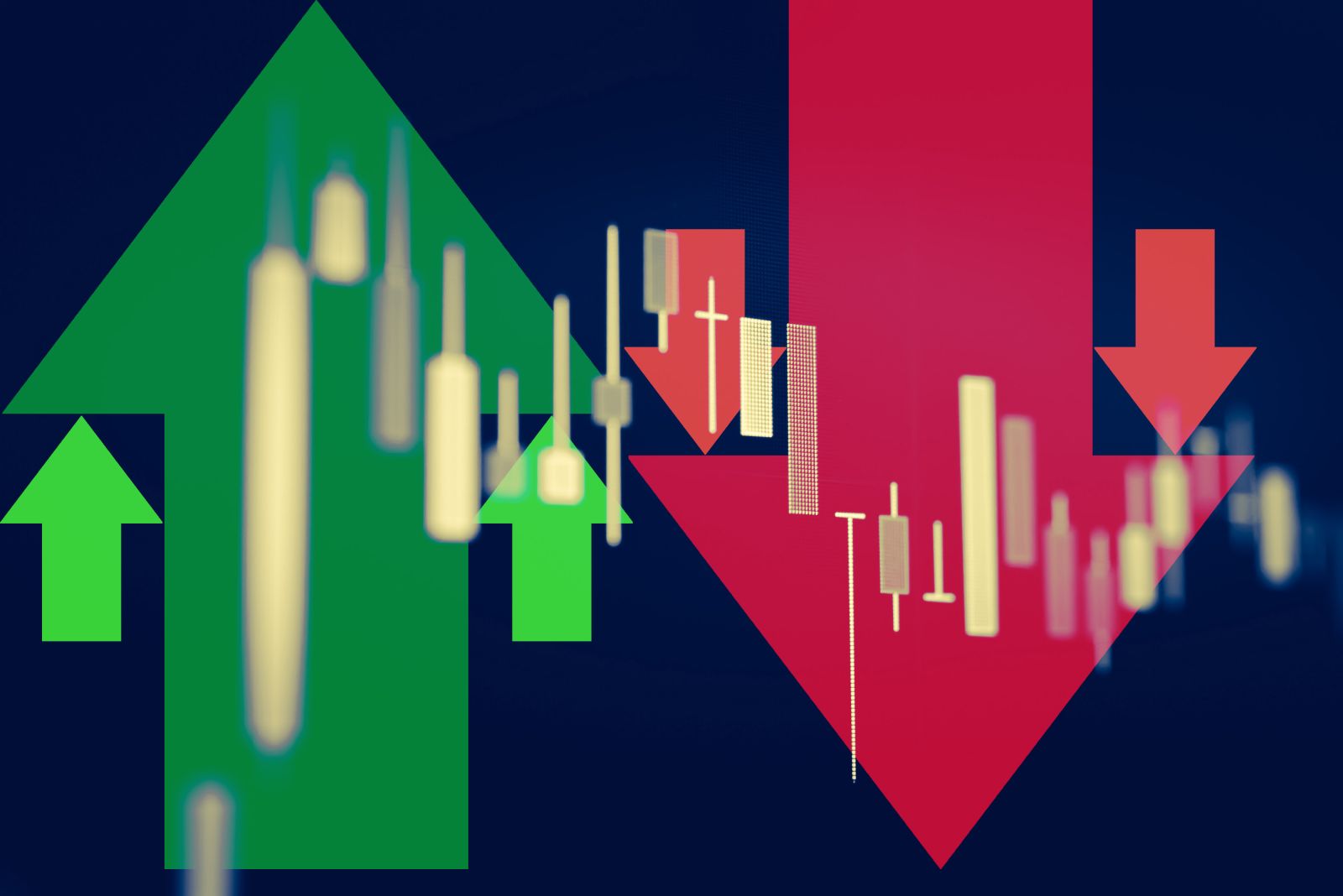 Charts, tickers, traders - Candle stick graph chart with indicator by Vintage Tone via Shutterstock