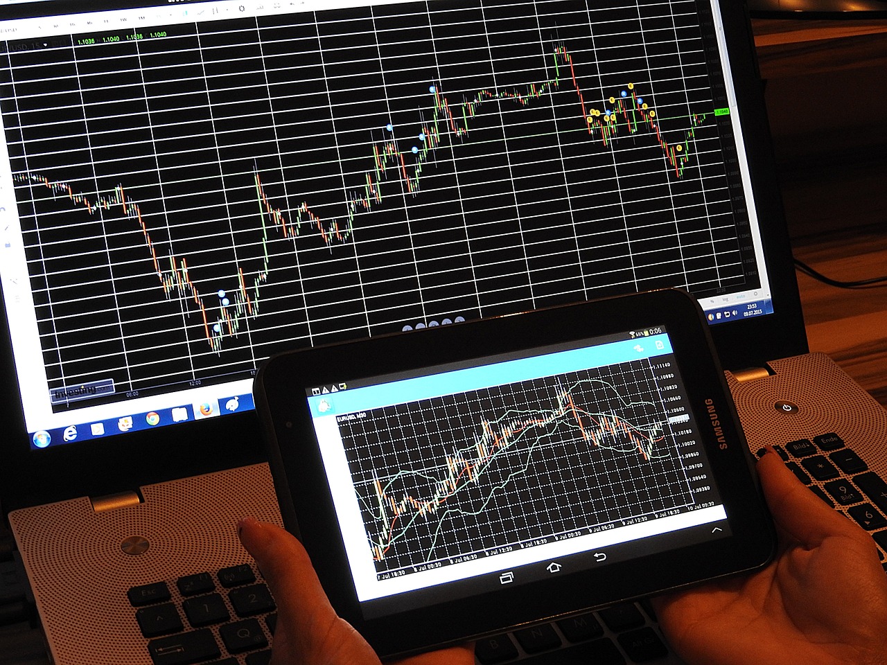 Charts, tickers, traders - Charting and analysis tablet and laptop by Pix1861 via Pixabay