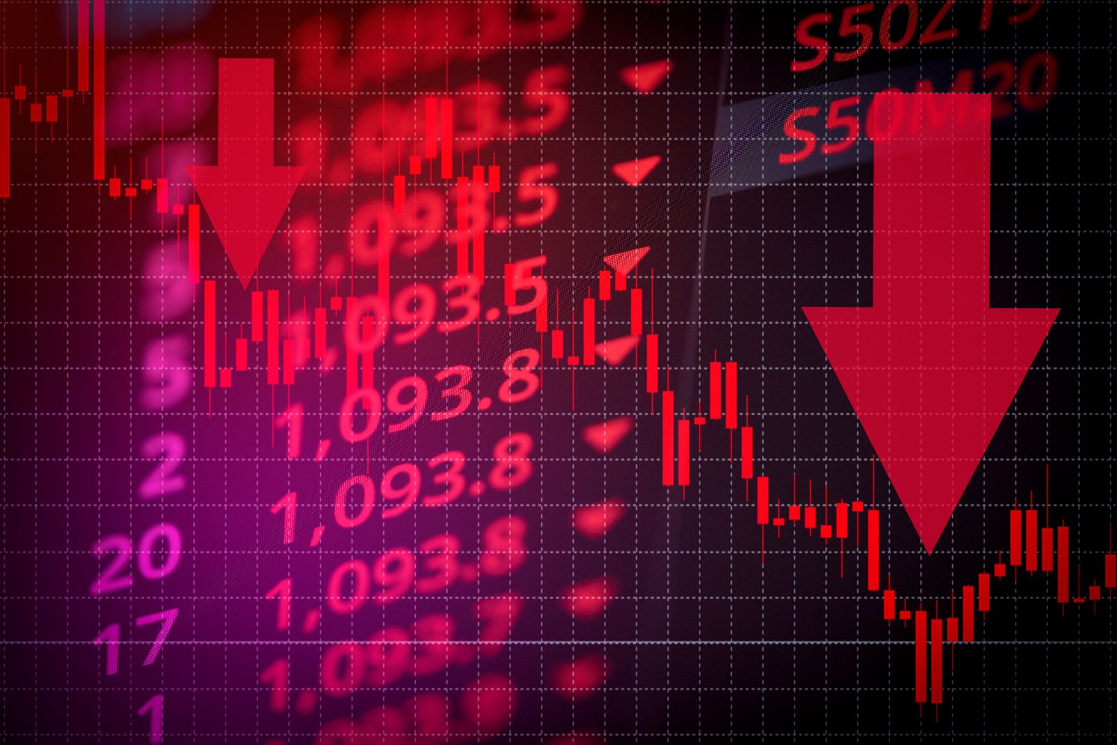 Charts, tickers, traders - Stock crash red market down by Bigc Studio via Shutterstock