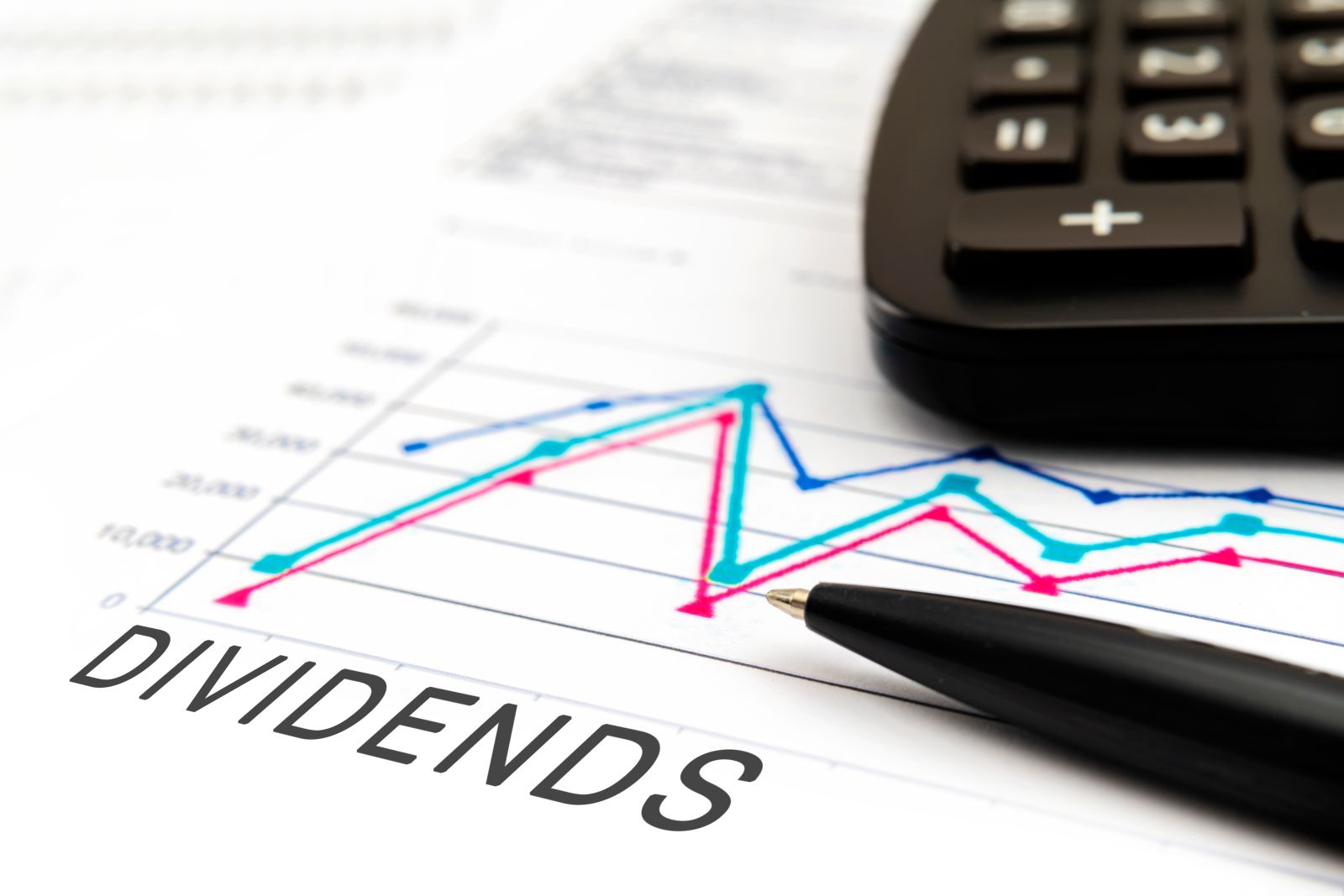 DIVIDENDS text on documents with graphs by Jittawit21 via Shutterstock