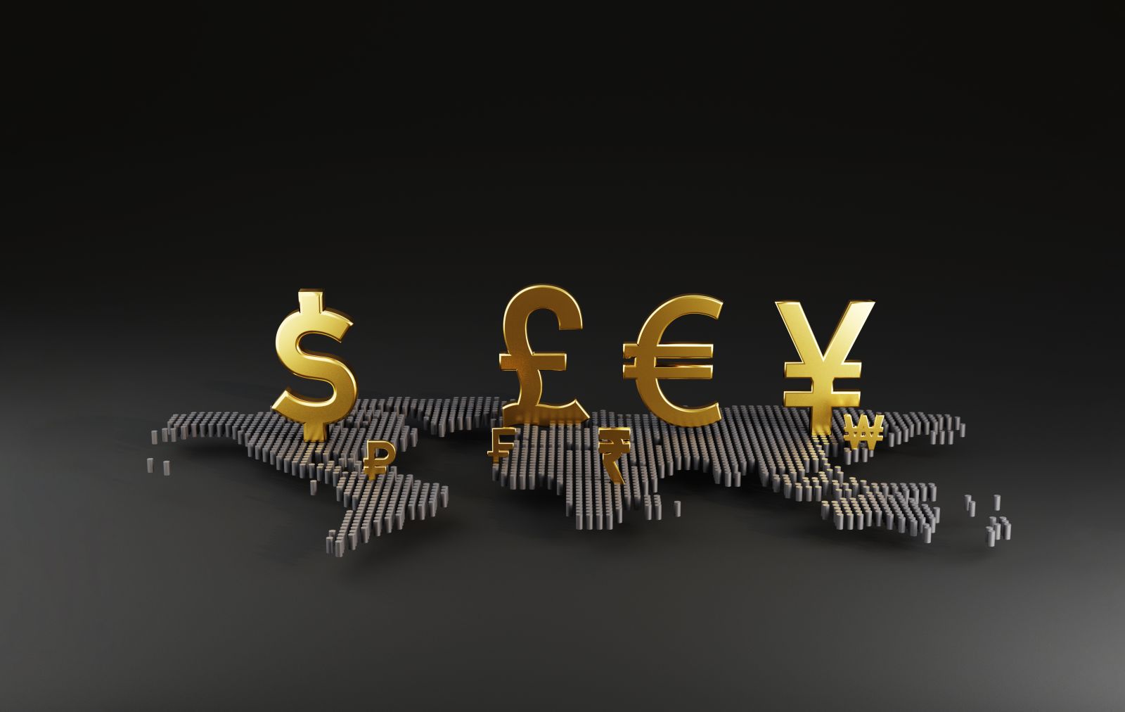 currency sign on world map include dollar yen euro and pound for trading forex by Dilok Klaisataporn via Shutterstock