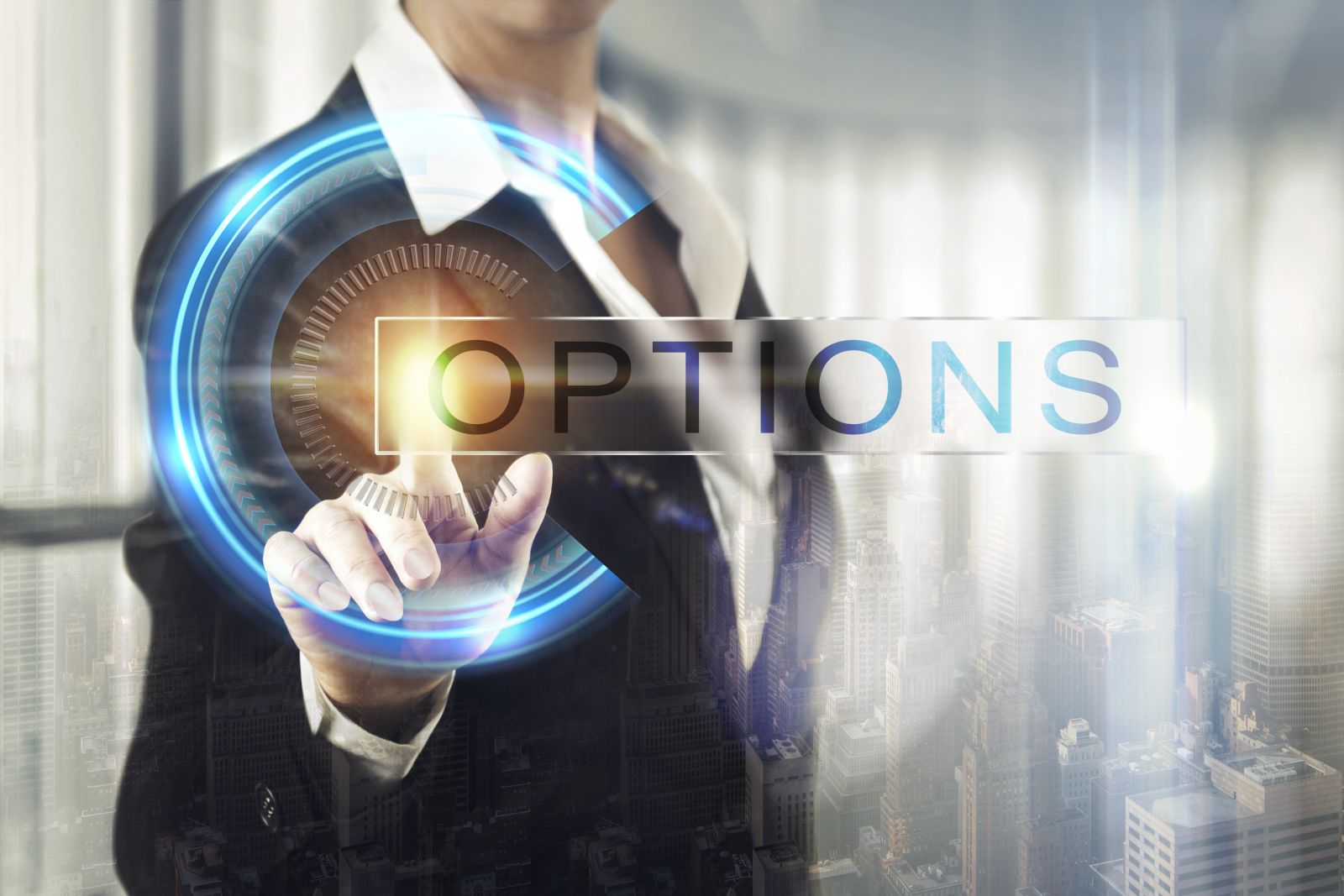 Options - Business women touching the options screen by Denizce via Shutterstock