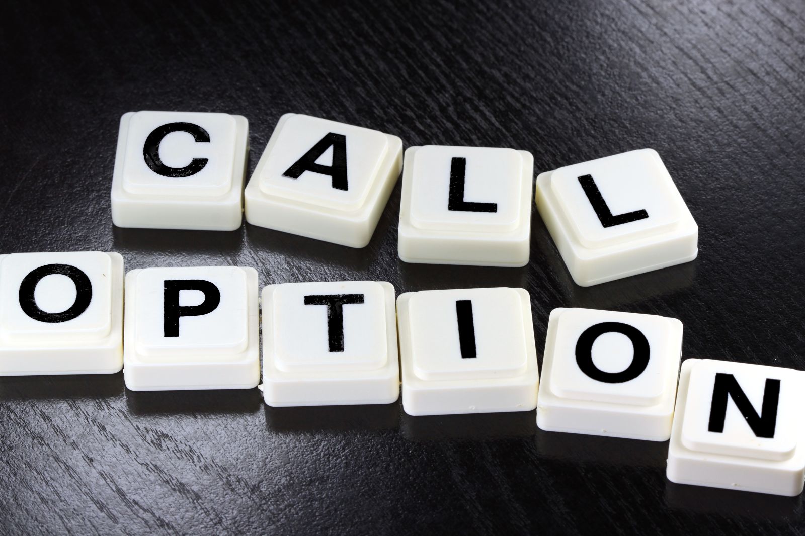 The words call option spelled out with white tiles on black background by Larry1235 via Shutterstock