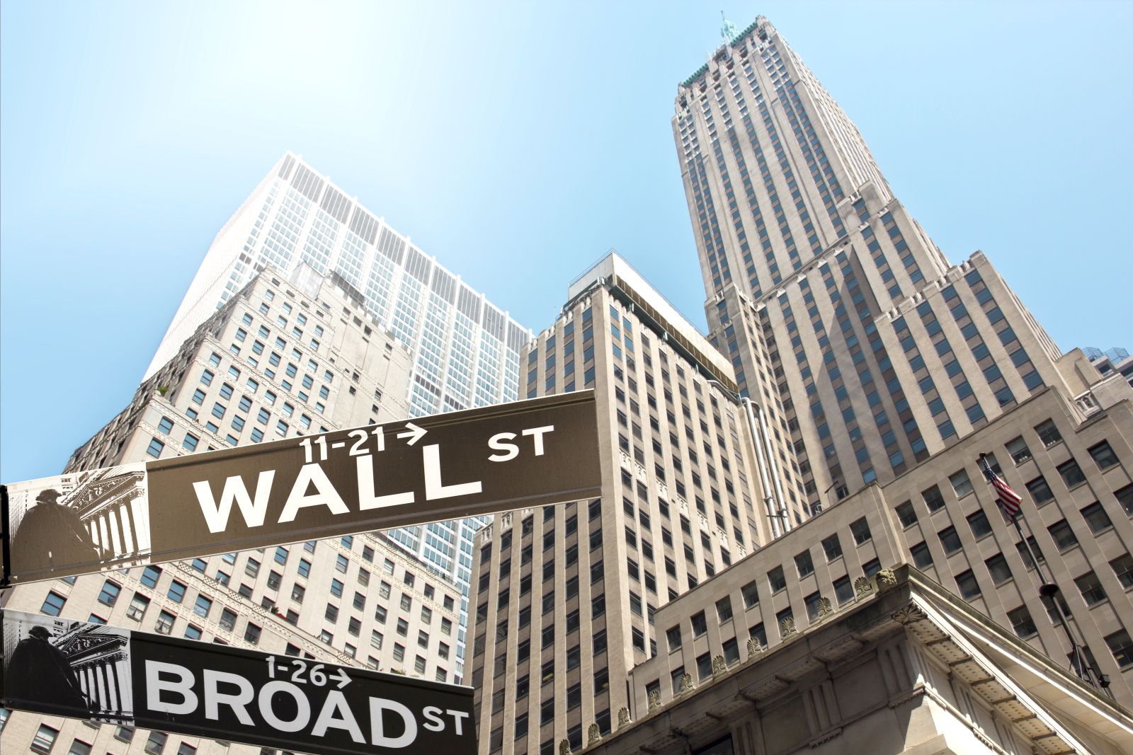 Road sign of New York Wall street corner Broad street by Mezzotint via Shutterstock