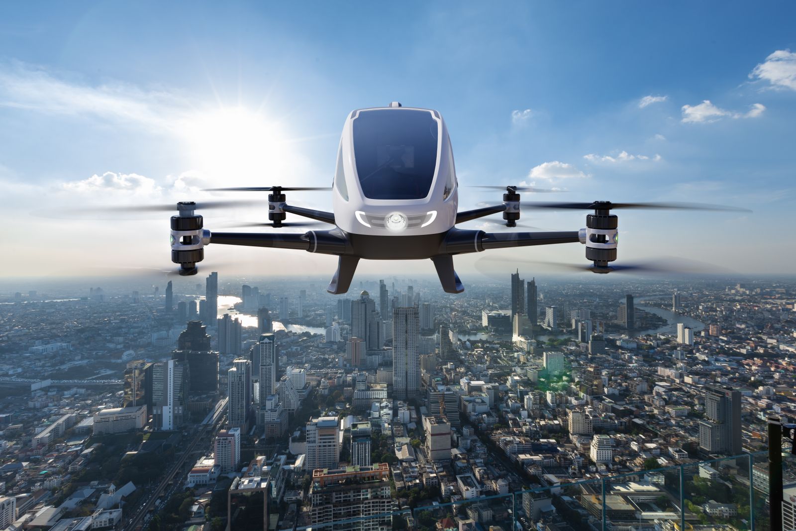 Autonomous driverless aerial vehicle flying by Kinwunz vis Shutterstock