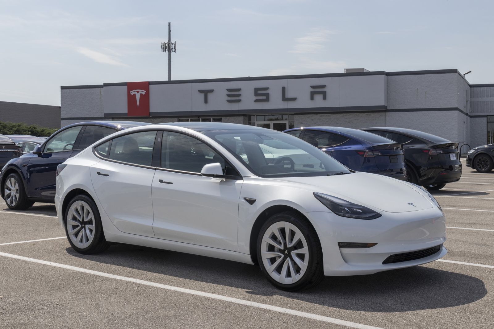 Tesla dealership with cars in lot by Jetcityimage via iStock