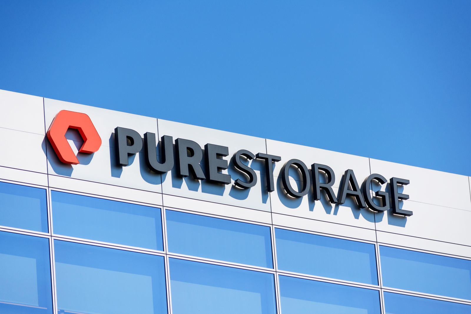 The Pure Storage logo on an office building by Michael Vi via Shutterstock