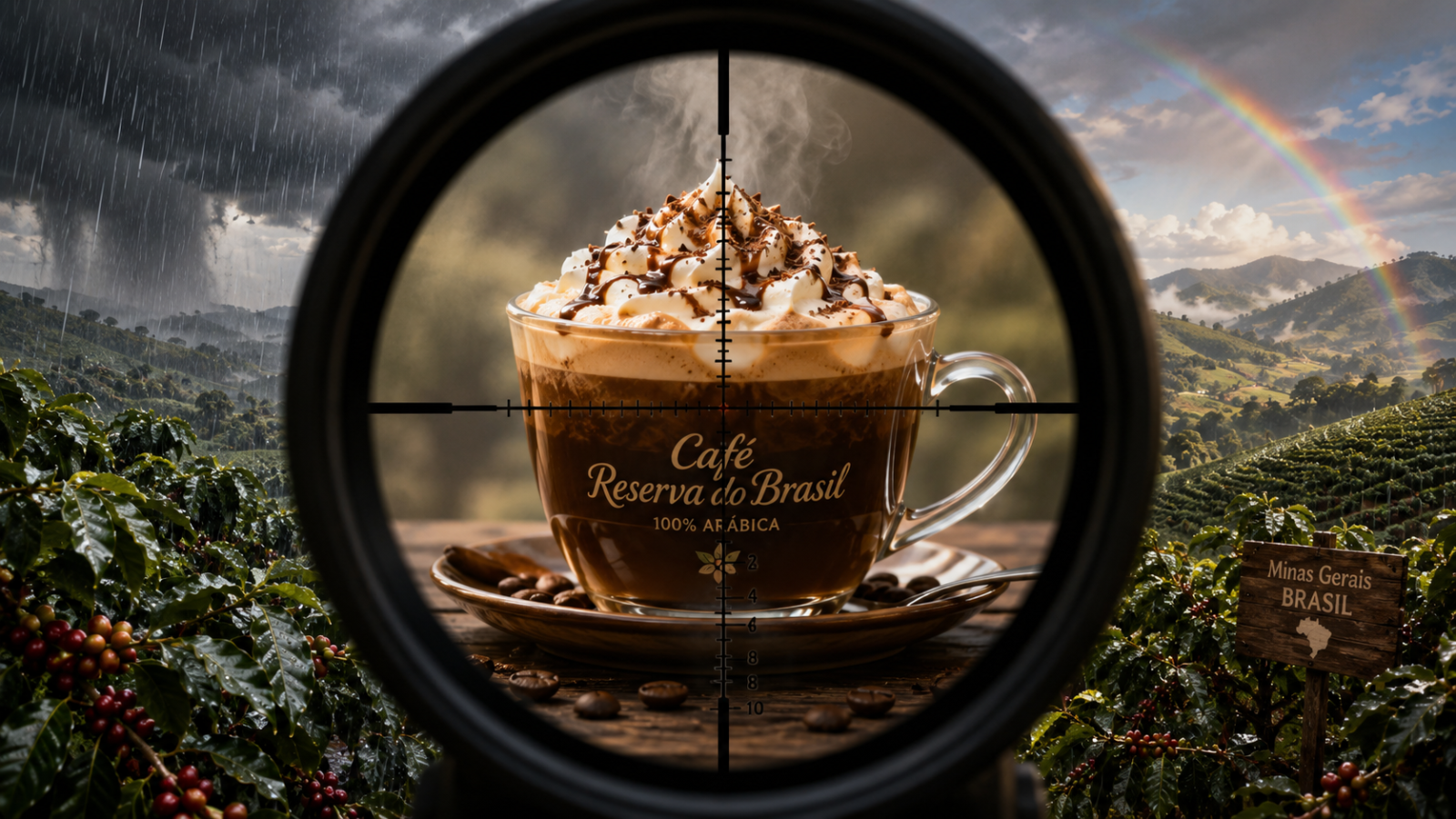 A concept image showing coffee in the crosshairs by Best Weather, Inc_, via ChatGPT