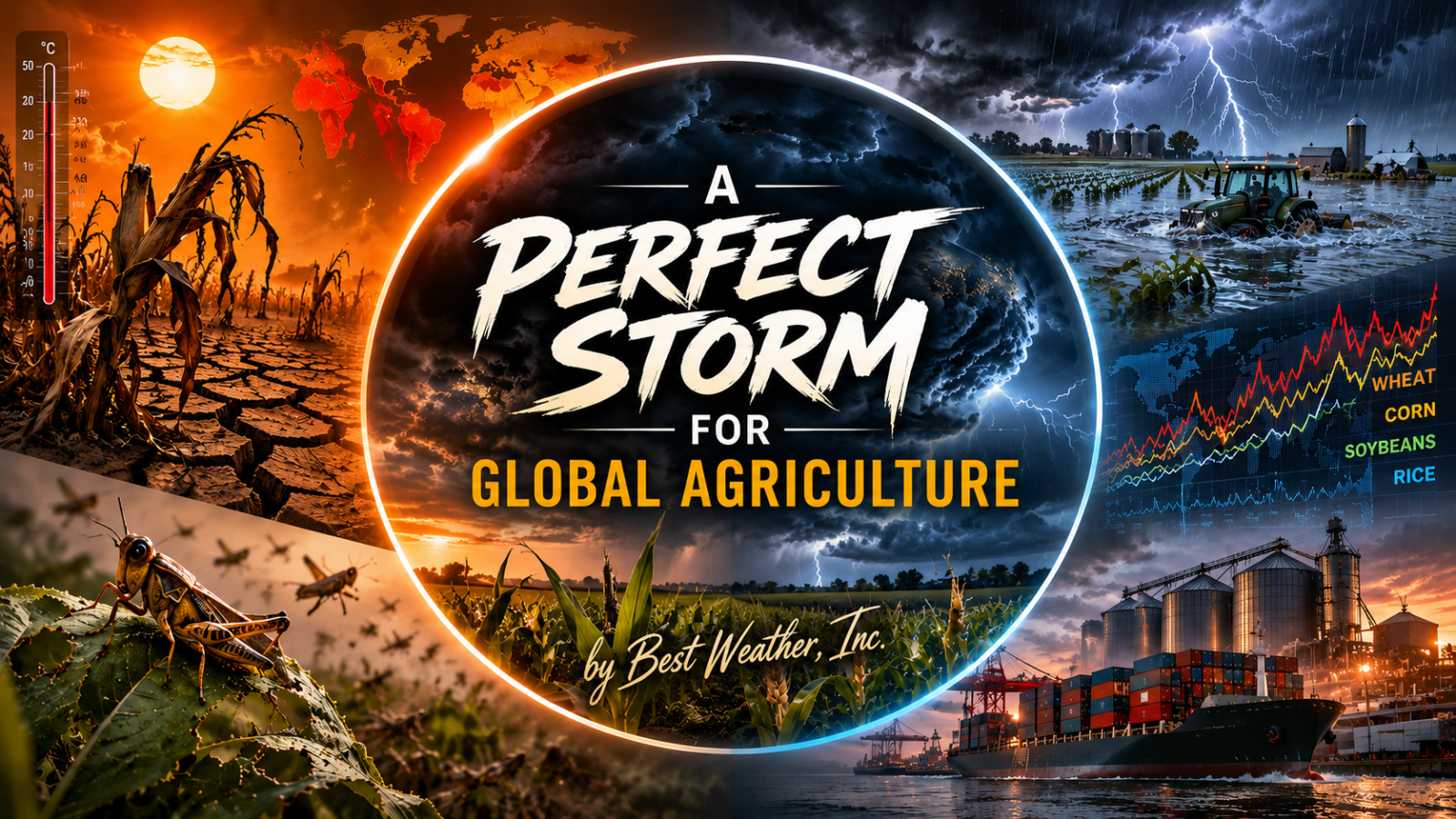 A concept image showing different factors influencing agriculture in July 2026_ Designed by Best Weather, Inc_ and rendered by ChatGPT_