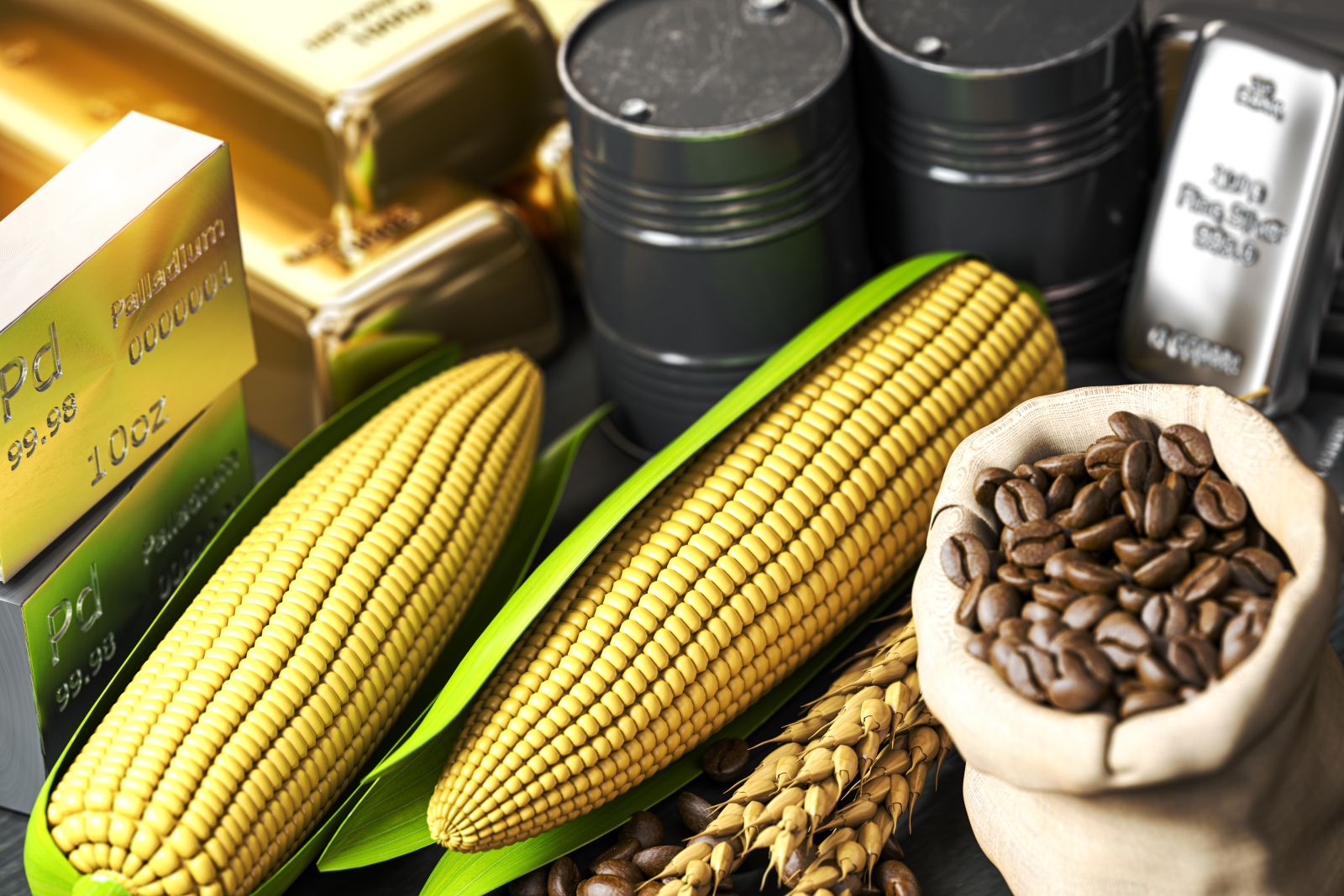 Commodities_ Crude oil, gold, silver, palladium, wheat corn and coffee beans by Maxx-Studio via Shutterstock